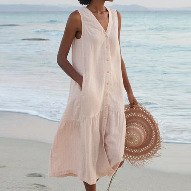 Oressa | Mouwloze Linnen Midi Jurk - Ademende, Button-Down, Lichtgewicht, Comfortabel & Luchtig Jurk