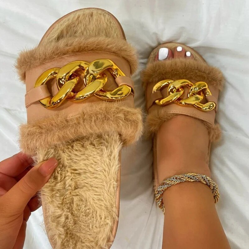 Nuvella | Open teen pantoffels van pluche voor vrouwen - Fashion Chain Sandalen, Comfort Huisschoenen van imitatiebont