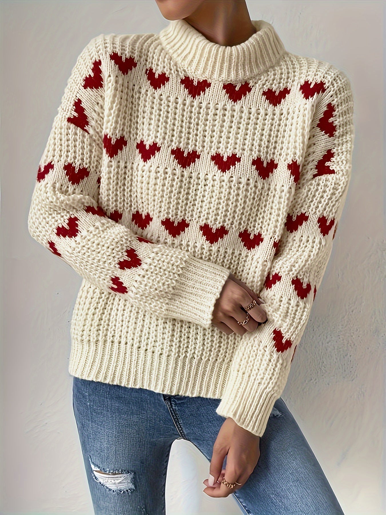 Irindra | Gebreide trui met hartpatroon - Hoge hals, Pullover met lange mouwen voor herfst-winter casual kleding
