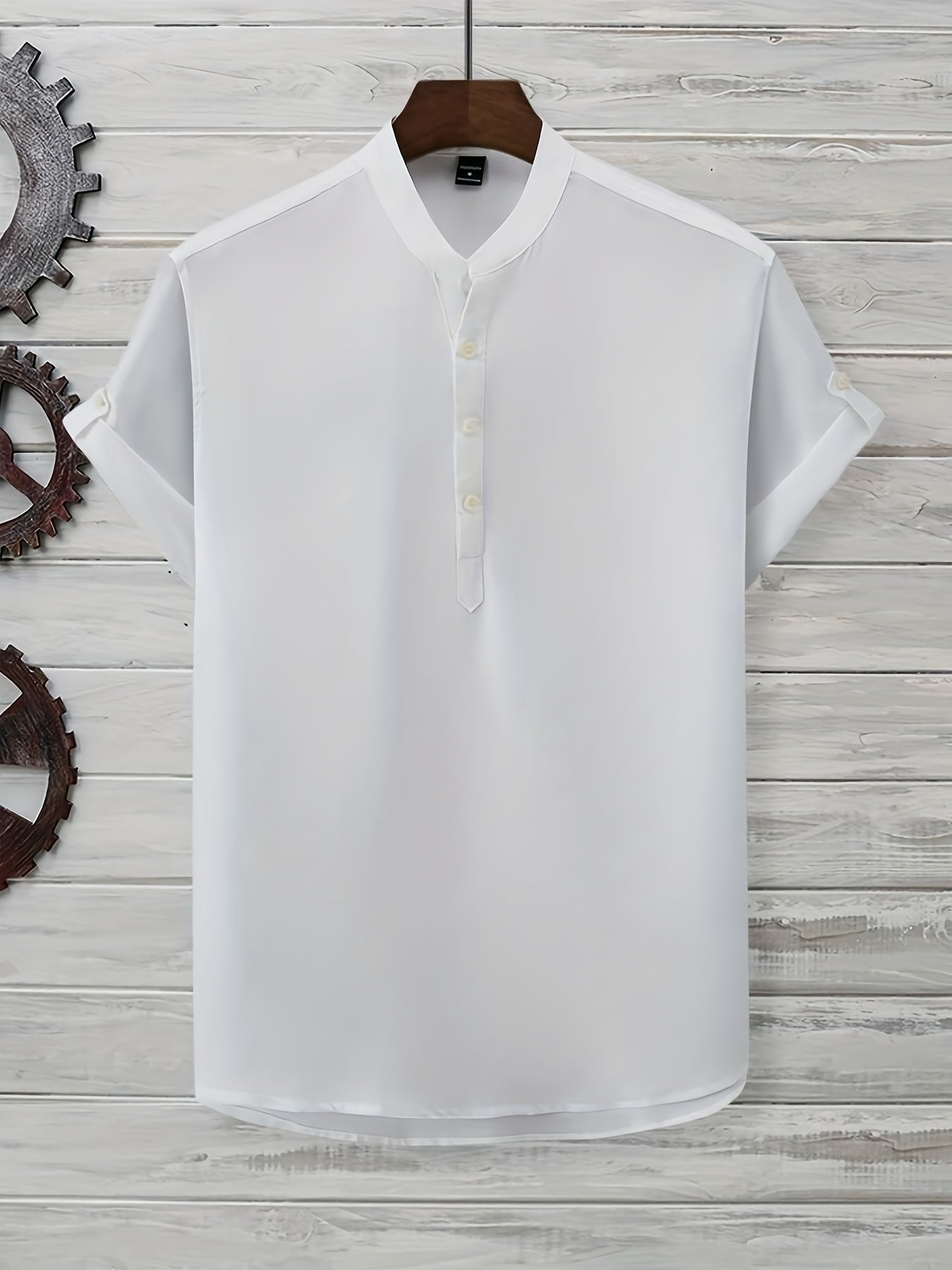 Rezso | Heren Katoen Linnen Henley Overhemd met Korte Mouw - Zomers Casual Overhemd