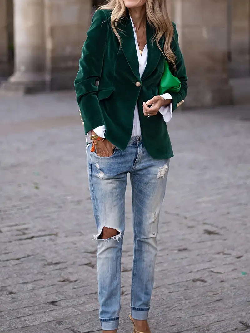 Petrina | Retro fluwelen blazer voor dames – Klassiek getailleerd jasje met gouden knopen