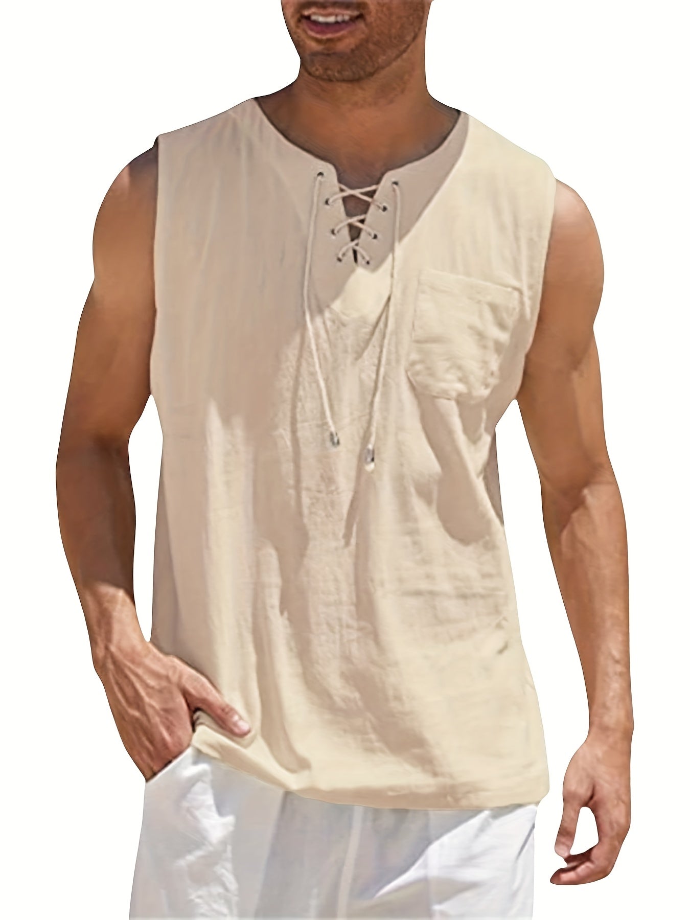 Morten | Katoenen linnen mouwloze V-hals tanktop voor heren - lichtgewicht zomershirt