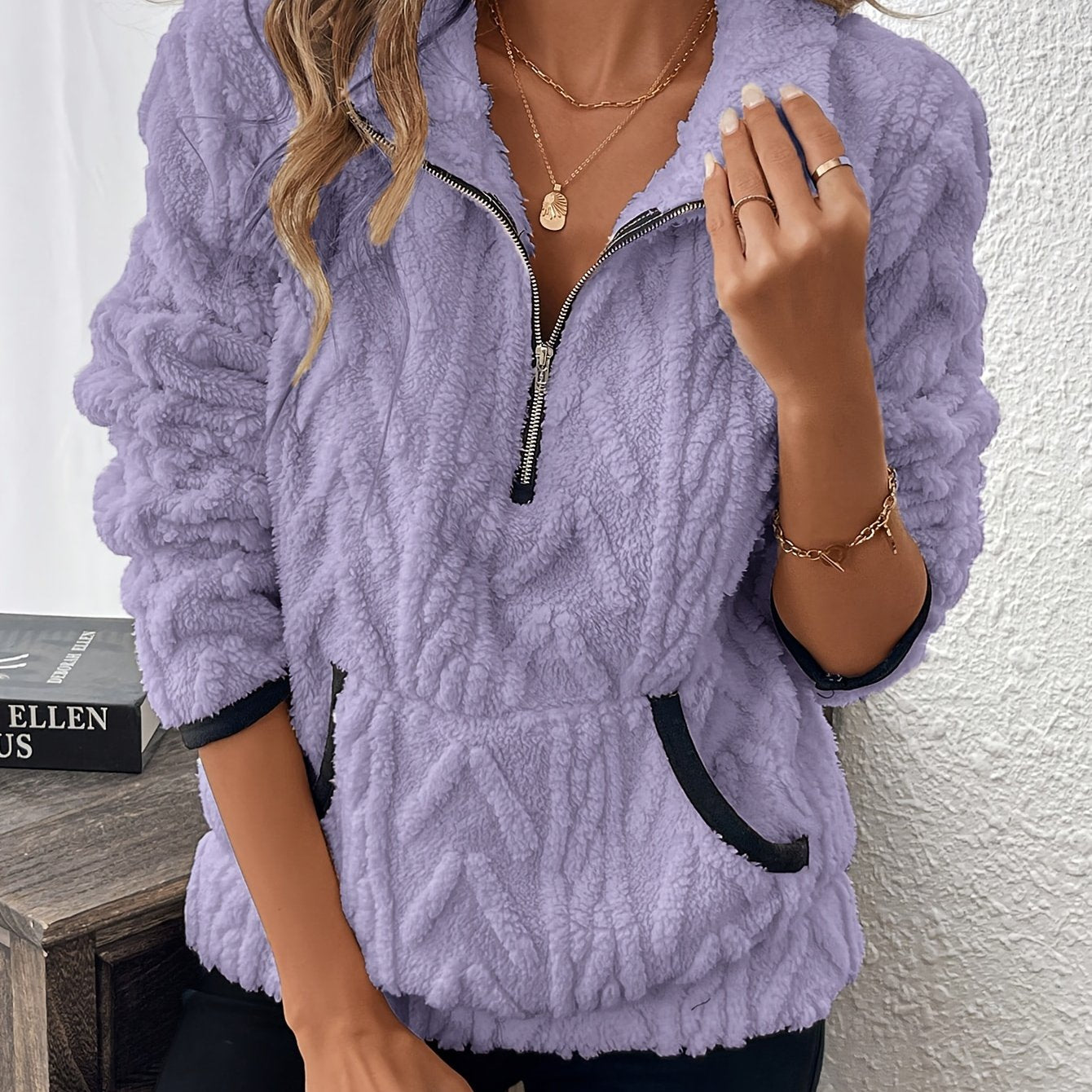 Evodia | Dames sweatshirt met pluizige stof, pullover met halve ritssluiting, casual comfortabele top met lange mouwen