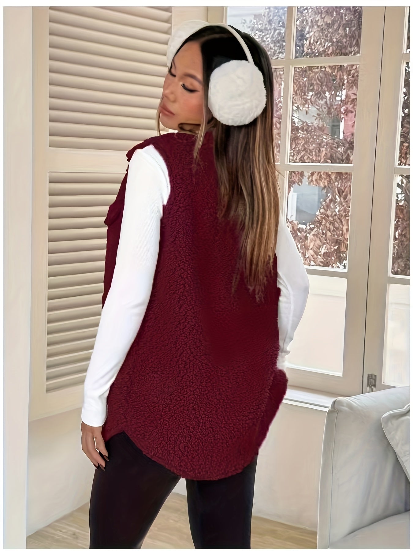 Dagmarine | Pluche mouwloos teddyvest voor dames – jas met dubbelzijdige kraag, casual winterjas