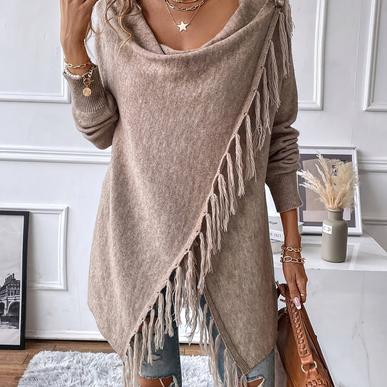 Wenja | Dames sjaal met franjes en kwastjes – Elegante gedrapeerde sjaal voor herfst- en winteroutfits