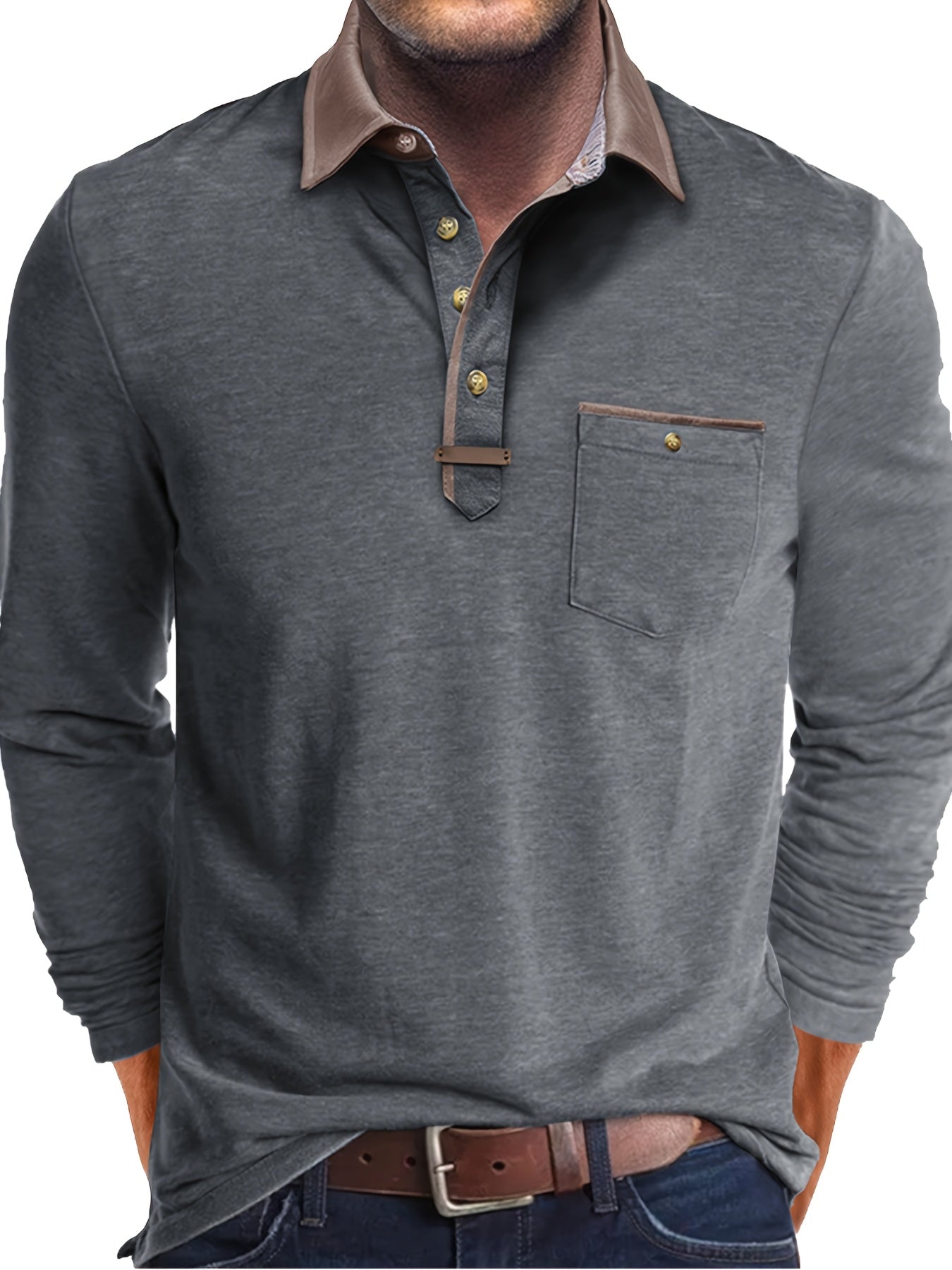 Paulo | Herenpolo met lange mouwen – Casual Henley met kleurblok kraag en borstzak