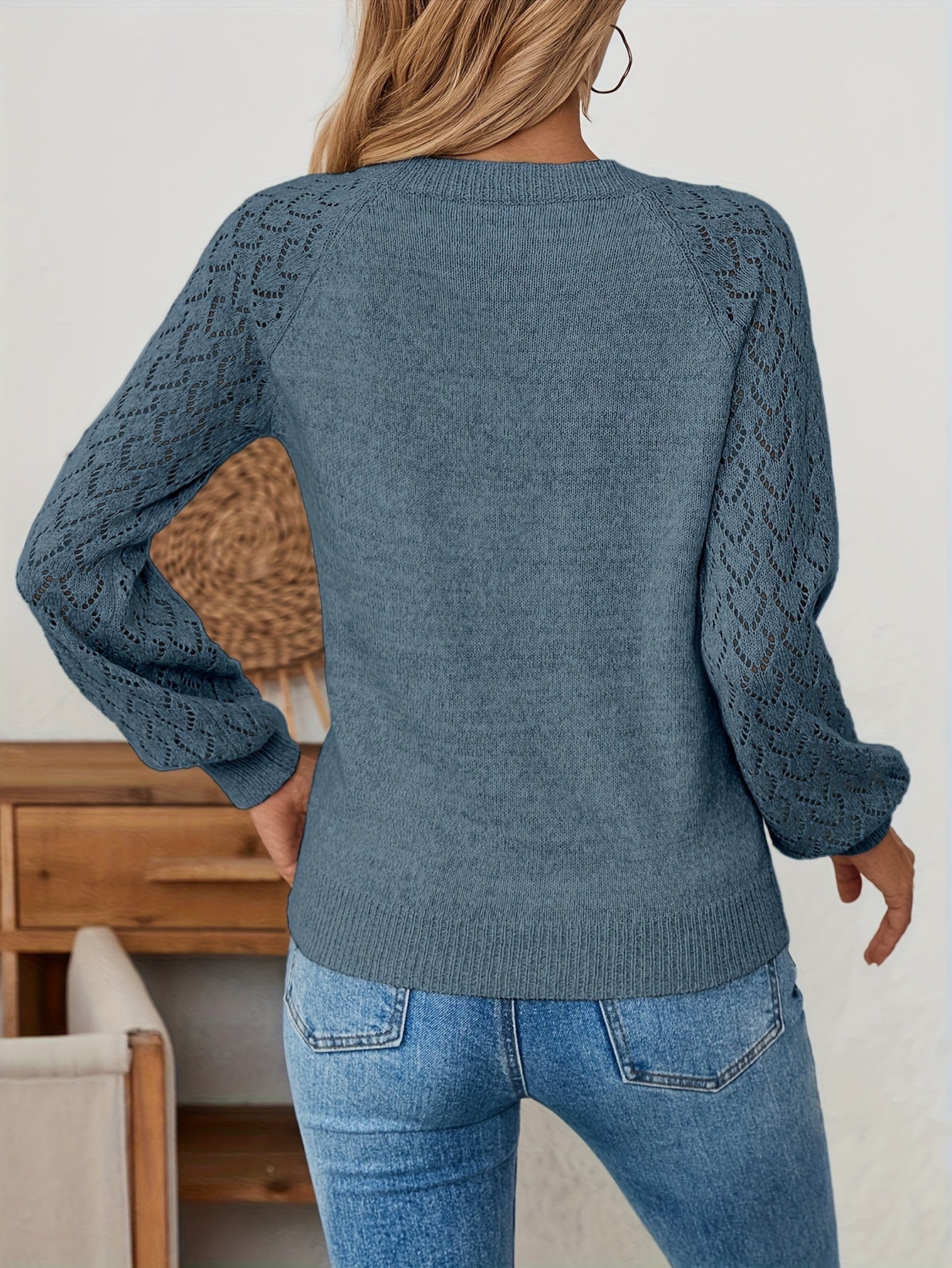 Trude | Dames trui met V-hals – Zachte opengewerkte pullover met holle mouwen, lichtgewicht herfsttop