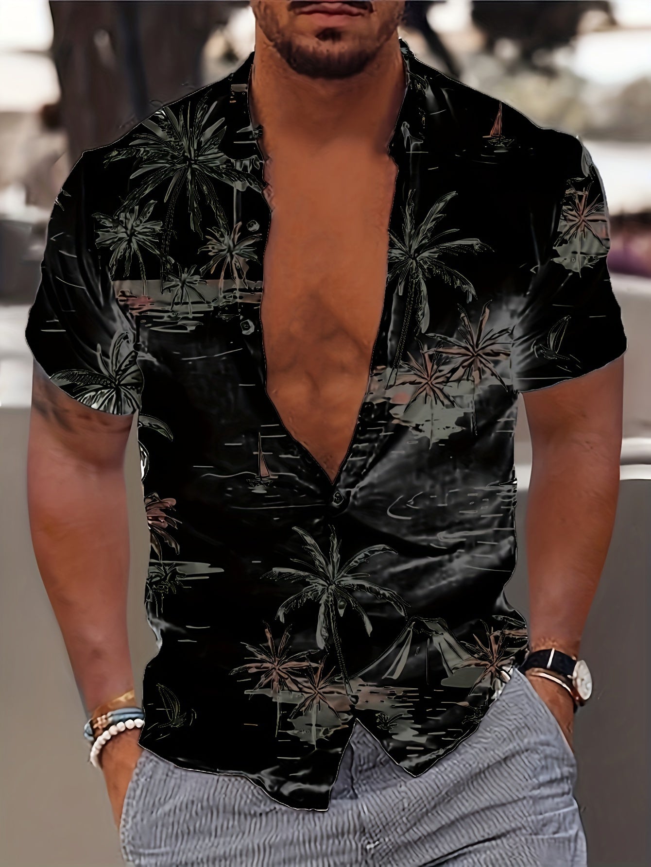 Kurt | Heren Hawaii Overhemd - Kokosnoot Boom Print, Korte Mouw, Casual Zomer Overhemd