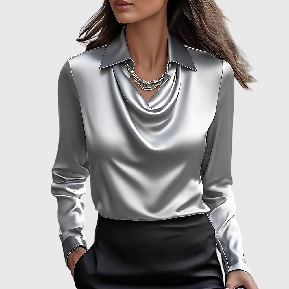 Amelthra | Elegante satijnen blouse met lange mouwen voor dames, gedrapeerd shirt met swingkraag