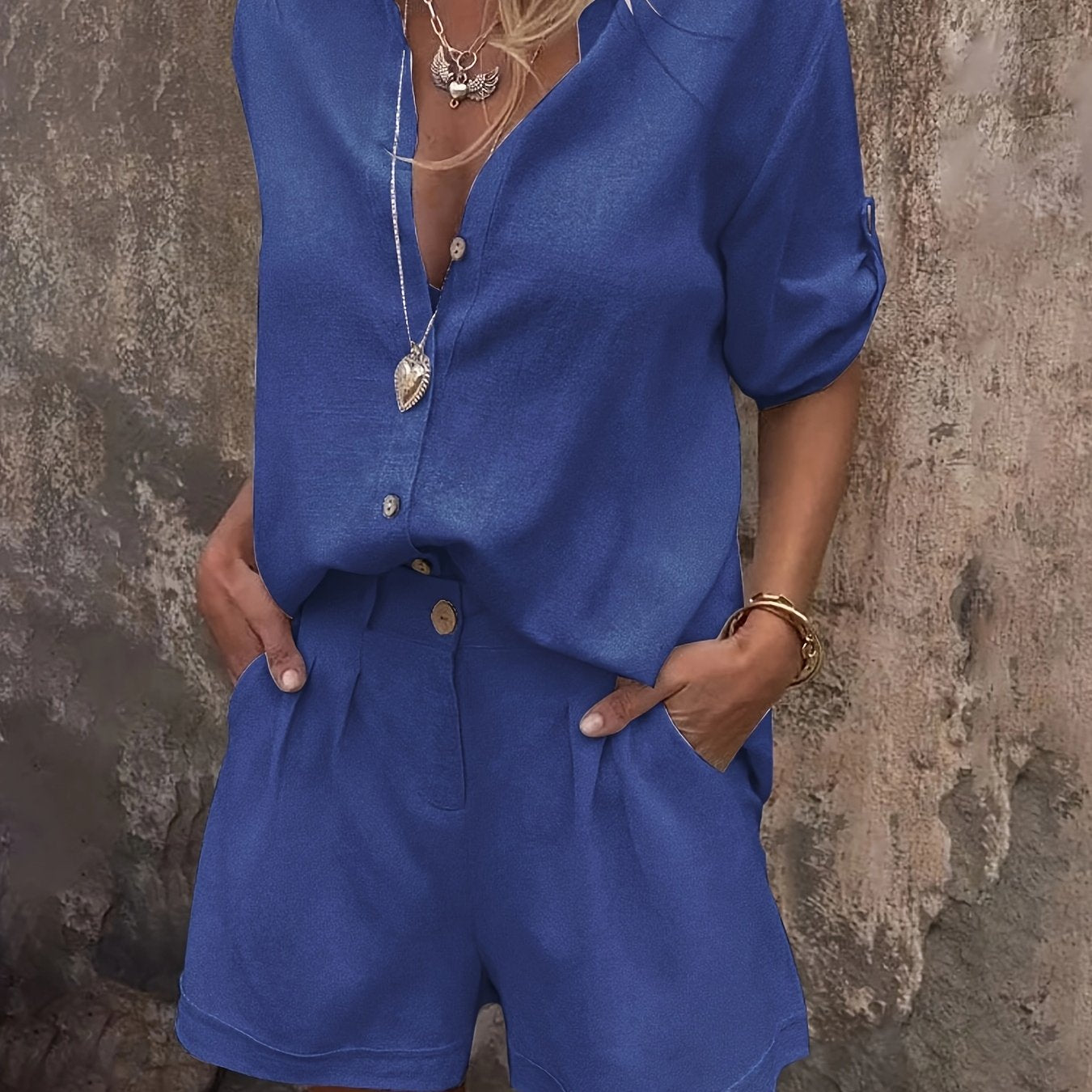 Elasha | Linnen tweedelige set voor dames - oversized overhemd met knoopsluiting & shorts