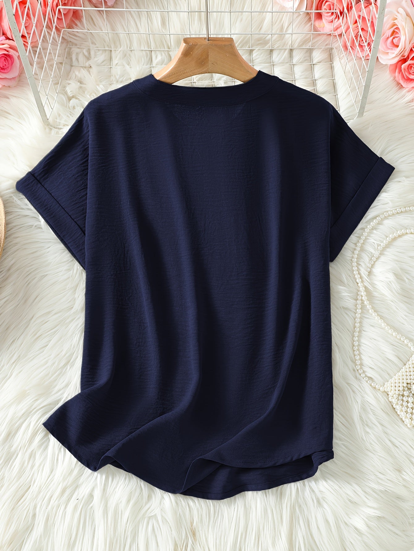 Elaria | Vrouwen V-Hals Blouse - Effen Kleur Losjes-Fit Korte Mouw Top
