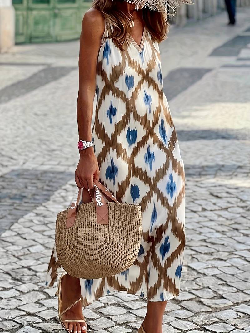 Rhosyn | Mouwloze Boho maxi-jurk voor dames - Bedrukte zomerstrandjurk, Casual Flowy Fit