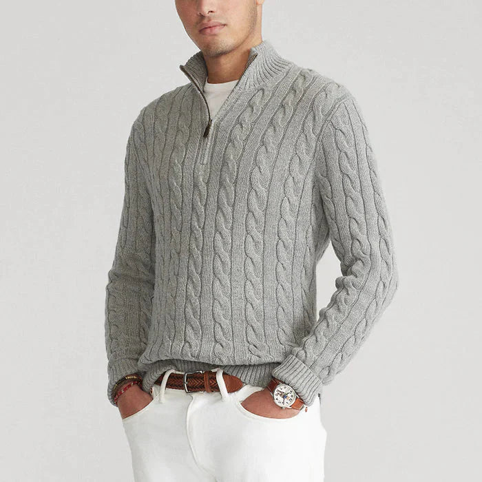 Lorens | Heren trui met halve rits en kabelpatroon – Klassiek getextureerd breisel, casual trui