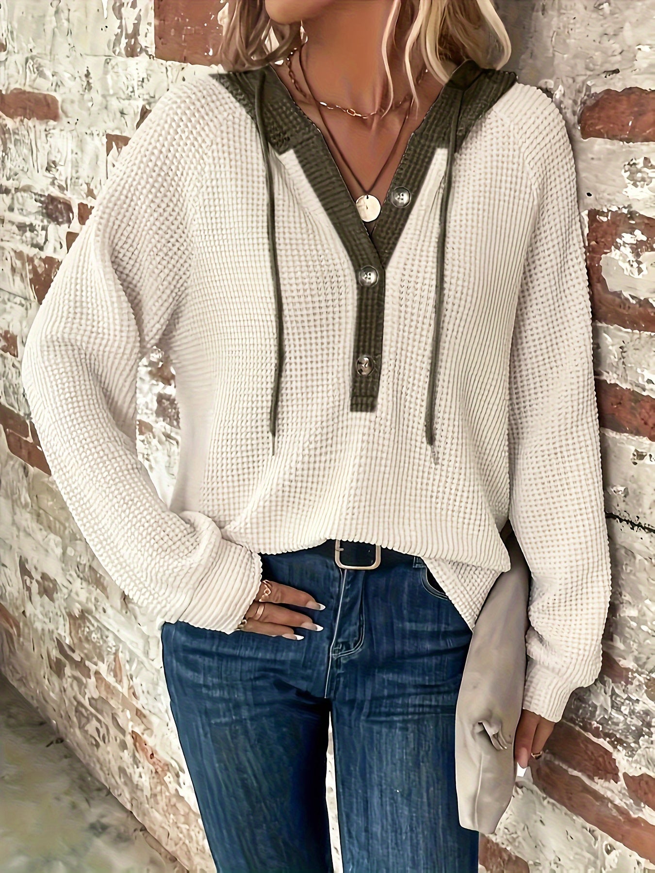 Ulyssia | Oversized gebreide capuchon met koord - knoopsluiting, casual sweatshirt