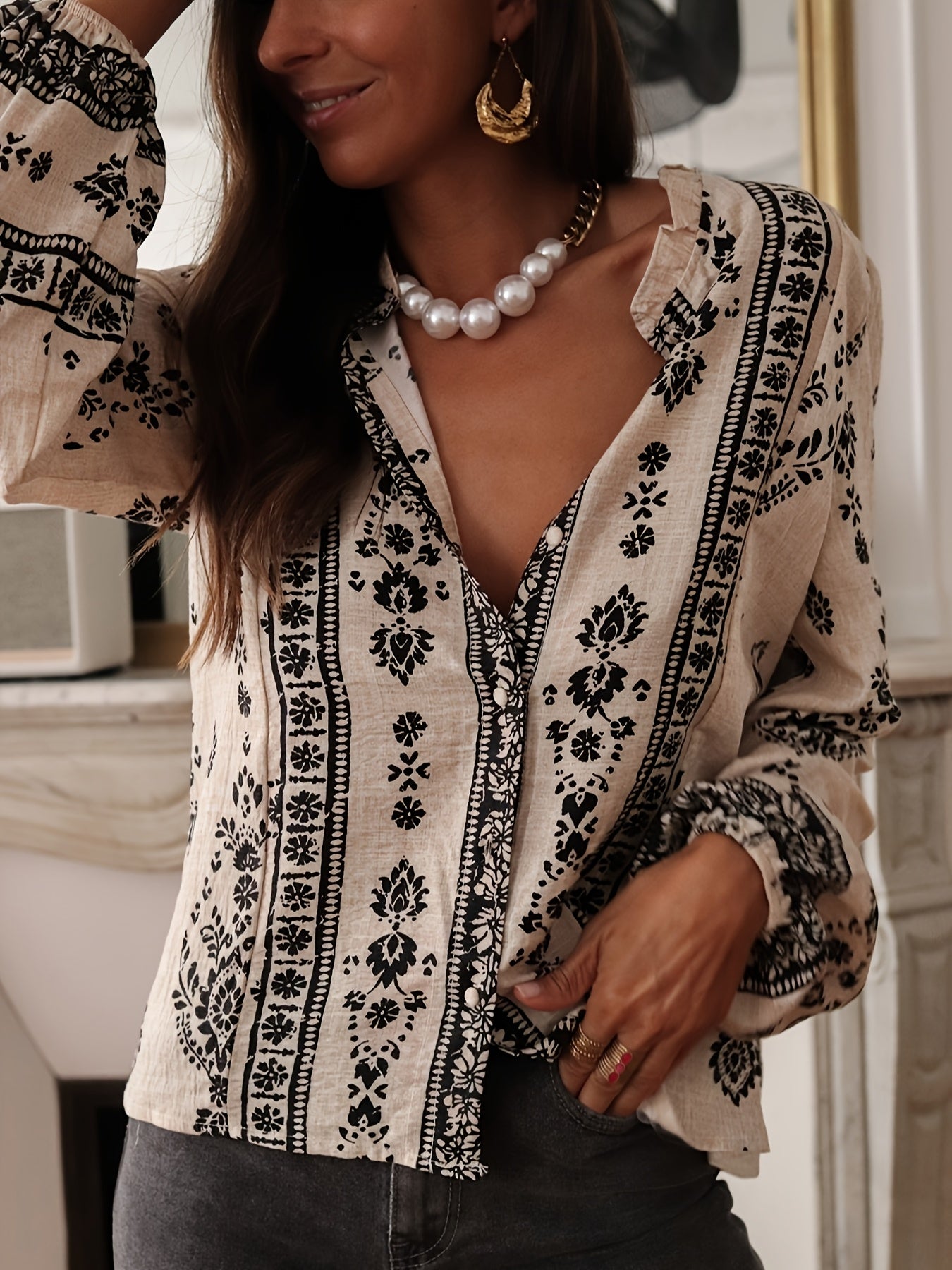 Halcyon | Geometrische bedrukte losvallende blouse met lantaarnmouwen