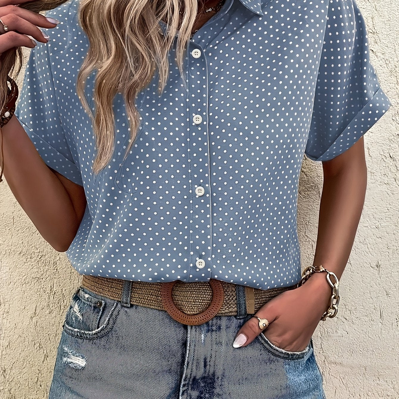 Cvetka | Blouse met polka dot - Korte mouwen shirt met knoopsluiting voor