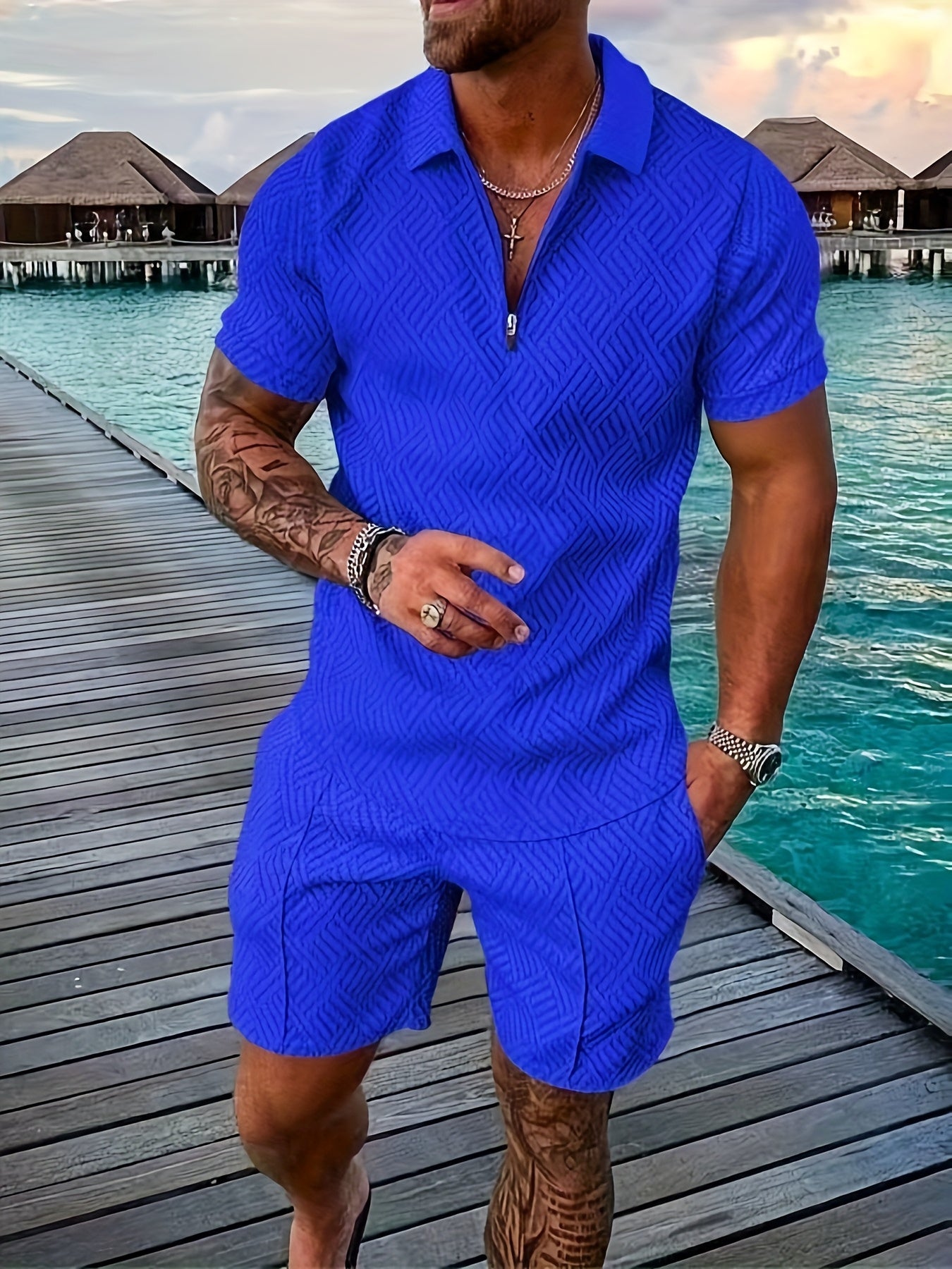 Baldric | Heren casual poloshirt met geweven geometrische print & koord Shorts Set