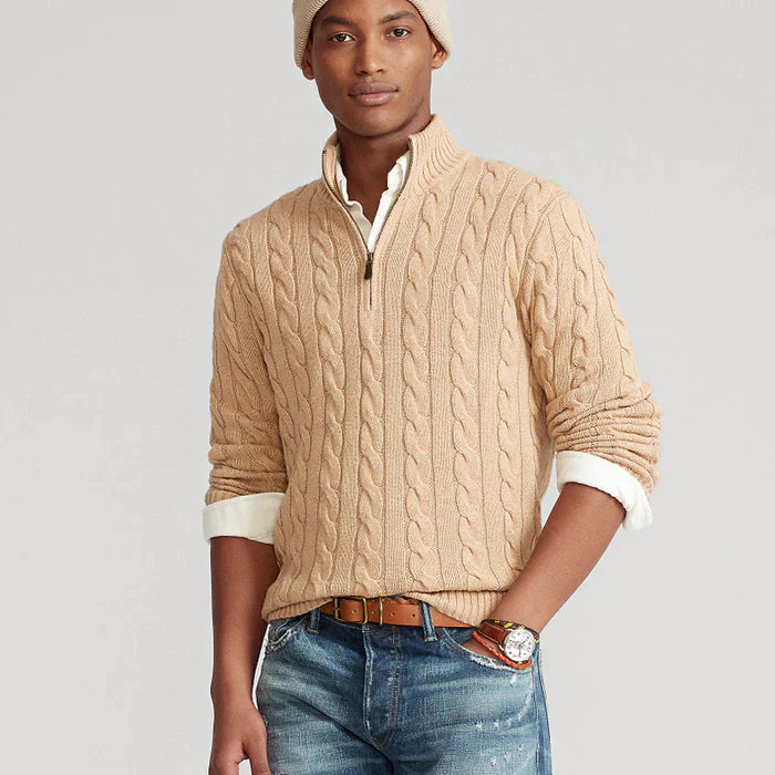 Lorens | Heren trui met halve rits en kabelpatroon – Klassiek getextureerd breisel, casual trui