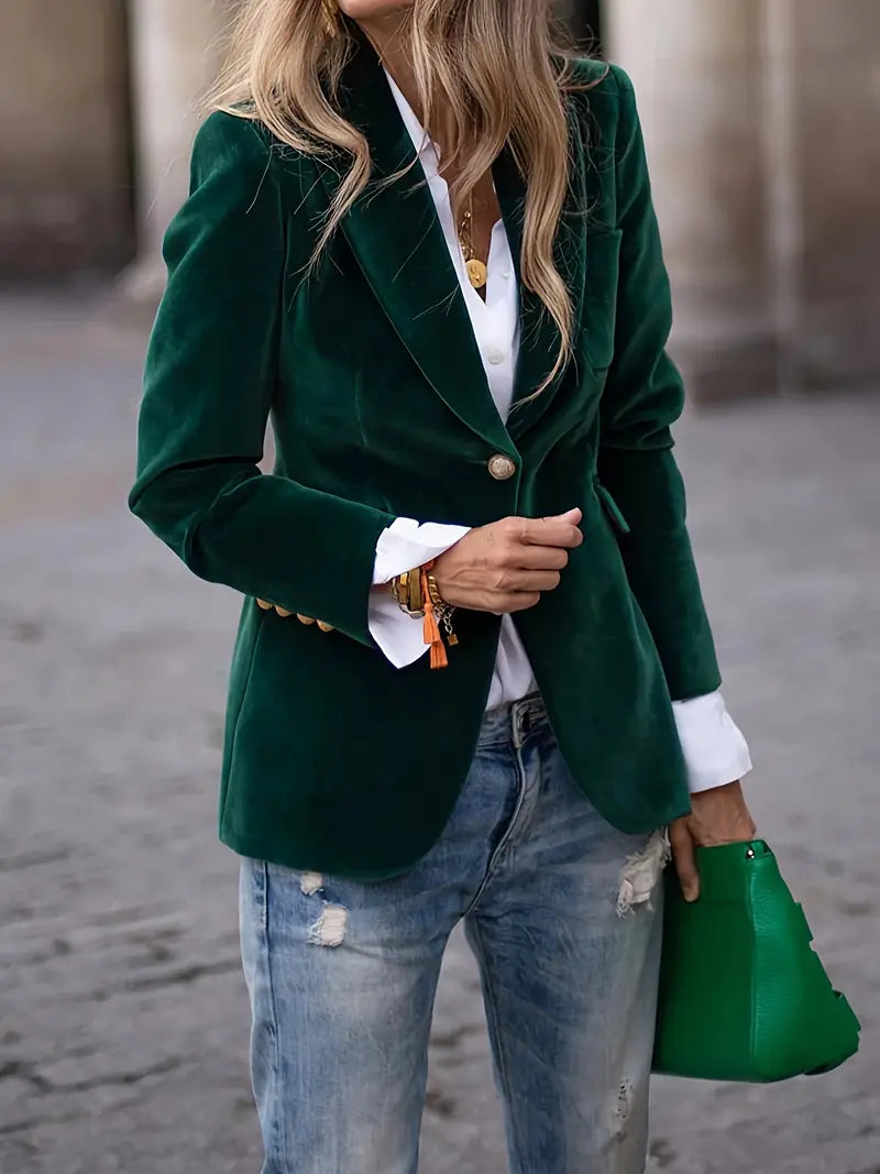 Petrina | Retro fluwelen blazer voor dames – Klassiek getailleerd jasje met gouden knopen