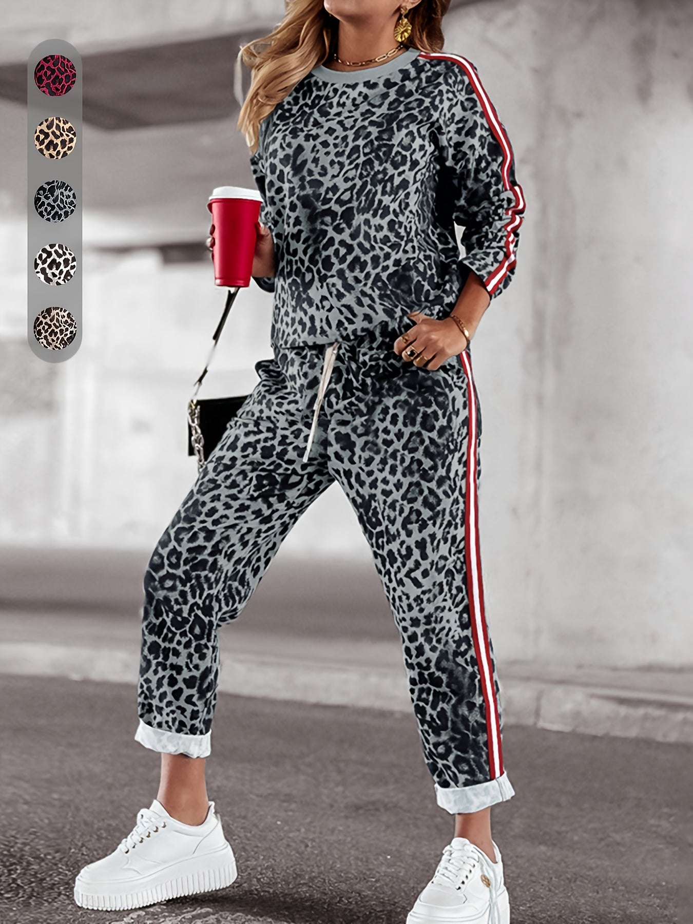 Emryth | Tweedelige vrouwenset met luipaardprint - top met lange mouwen en broek met hoge taille, casual lounge outfit