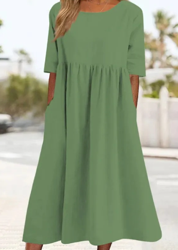 Noora | Klassieke katoen-linnen jurk met korte mouwen en zakken - Zomer Casual Midi