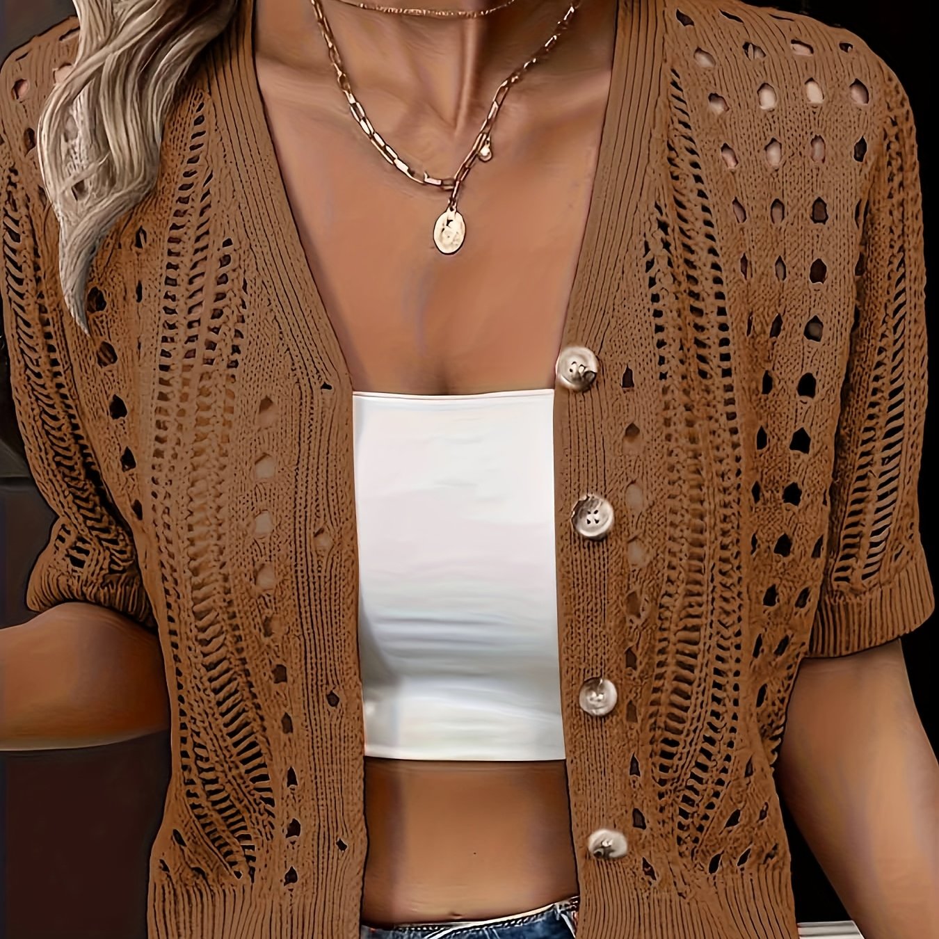 Brienya | Gebreid damesvest - korte mouwen, Button-Up, gebreide top
