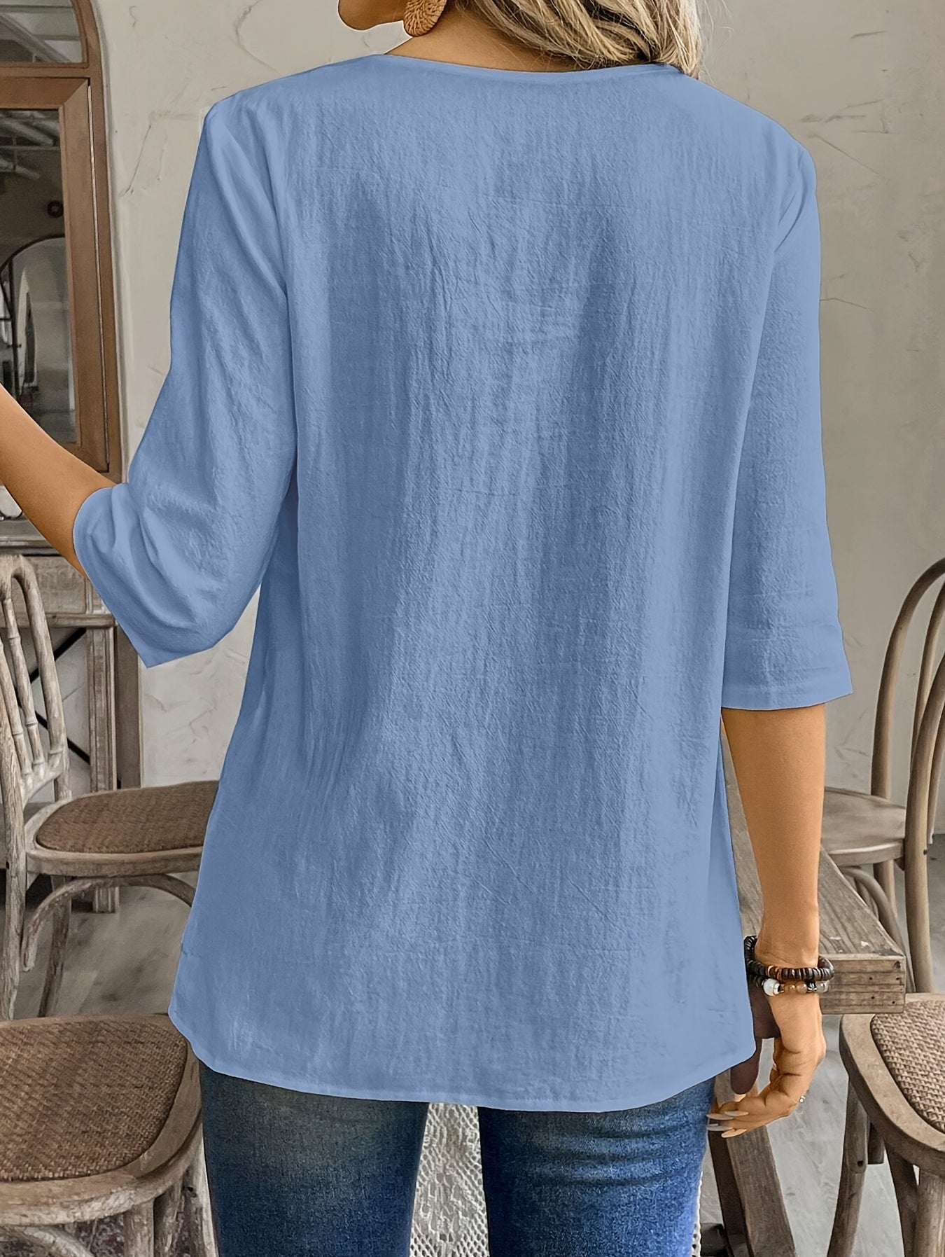Ferene | Casual dameshemd met ronde hals en patchwork zoom, 3/4 mouwen