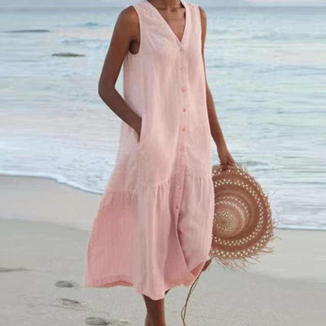 Oressa | Mouwloze Linnen Midi Jurk - Ademende, Button-Down, Lichtgewicht, Comfortabel & Luchtig Jurk