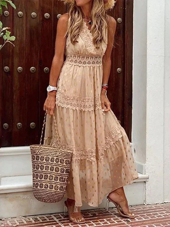 Vesta | Elegante Mouwloze Boho Kanten Jurk - Lang, Vrouwelijk & Trendy