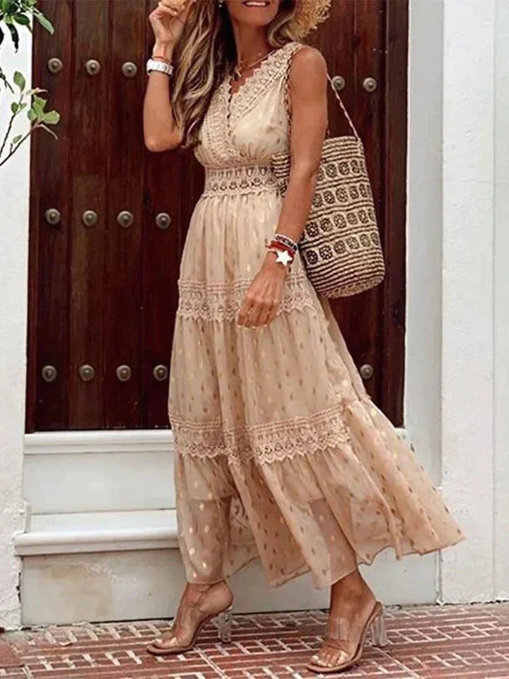 Vesta | Elegante Mouwloze Boho Kanten Jurk - Lang, Vrouwelijk & Trendy