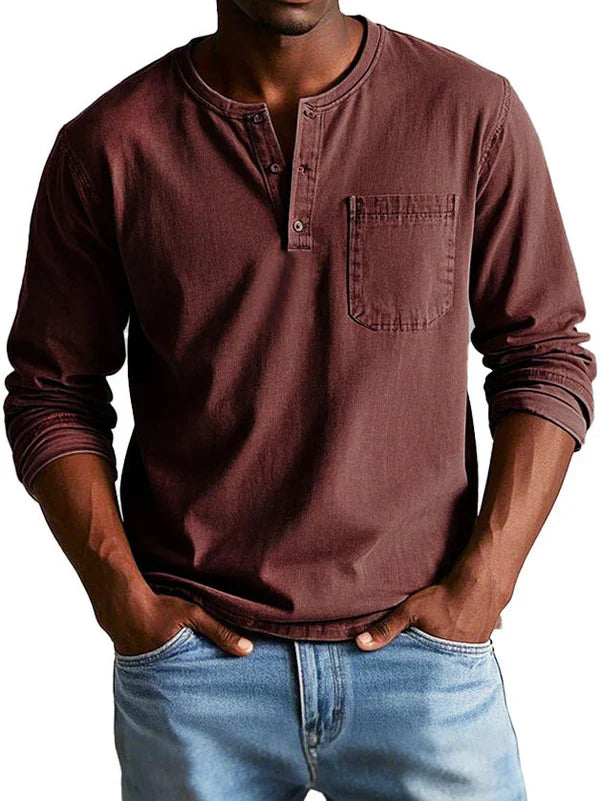 Bronic | Heren Vintage shirt met lange mouwen - Ronde hals, halve knoopsluiting, gewassen casual shirt