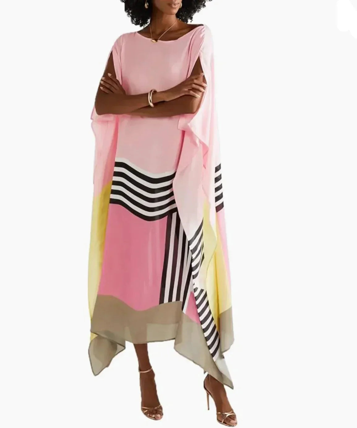 Galiana | Luxe gestreepte kaftan maxi jurk - lange mouwen, onregelmatige zoom, elegant dragen