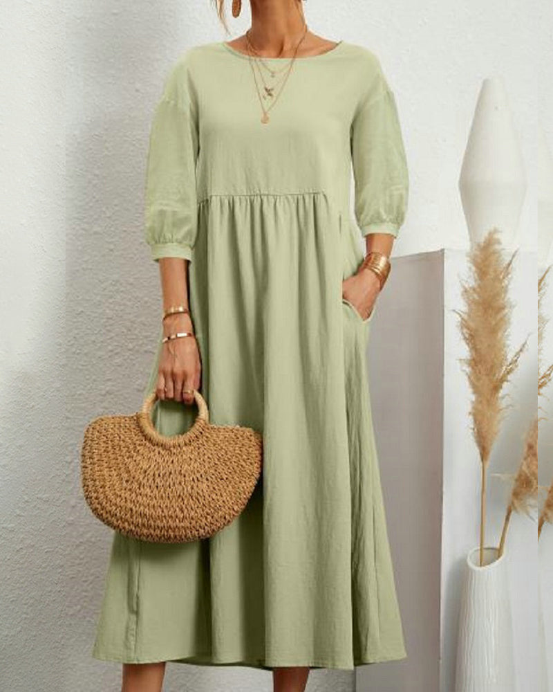 Tiana | Dames Midi-jurk van katoen en linnen - Ballonmouwen, Casual Boho Chic Jurk