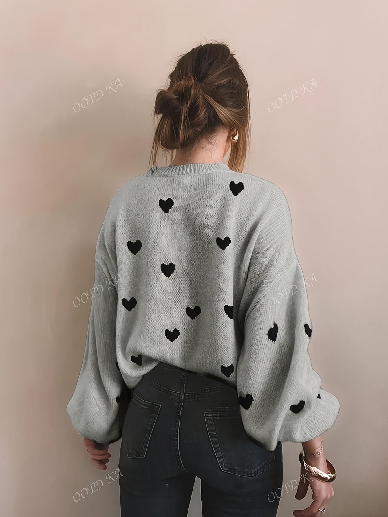 Othilie | Dames trui met hartjespatroon – Comfortabele trui, losvallende casual herfst-/wintertrui