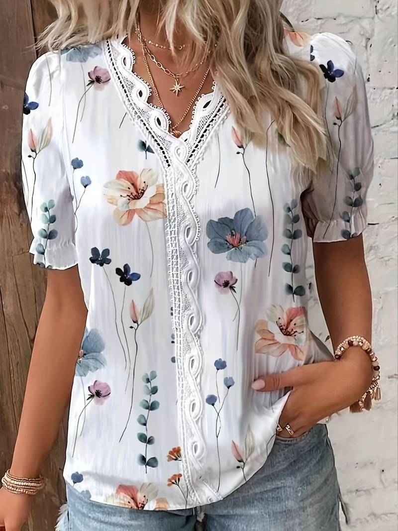 Jonida | Damesbloemenblouse met V-hals en kant - Casual top met korte mouwen