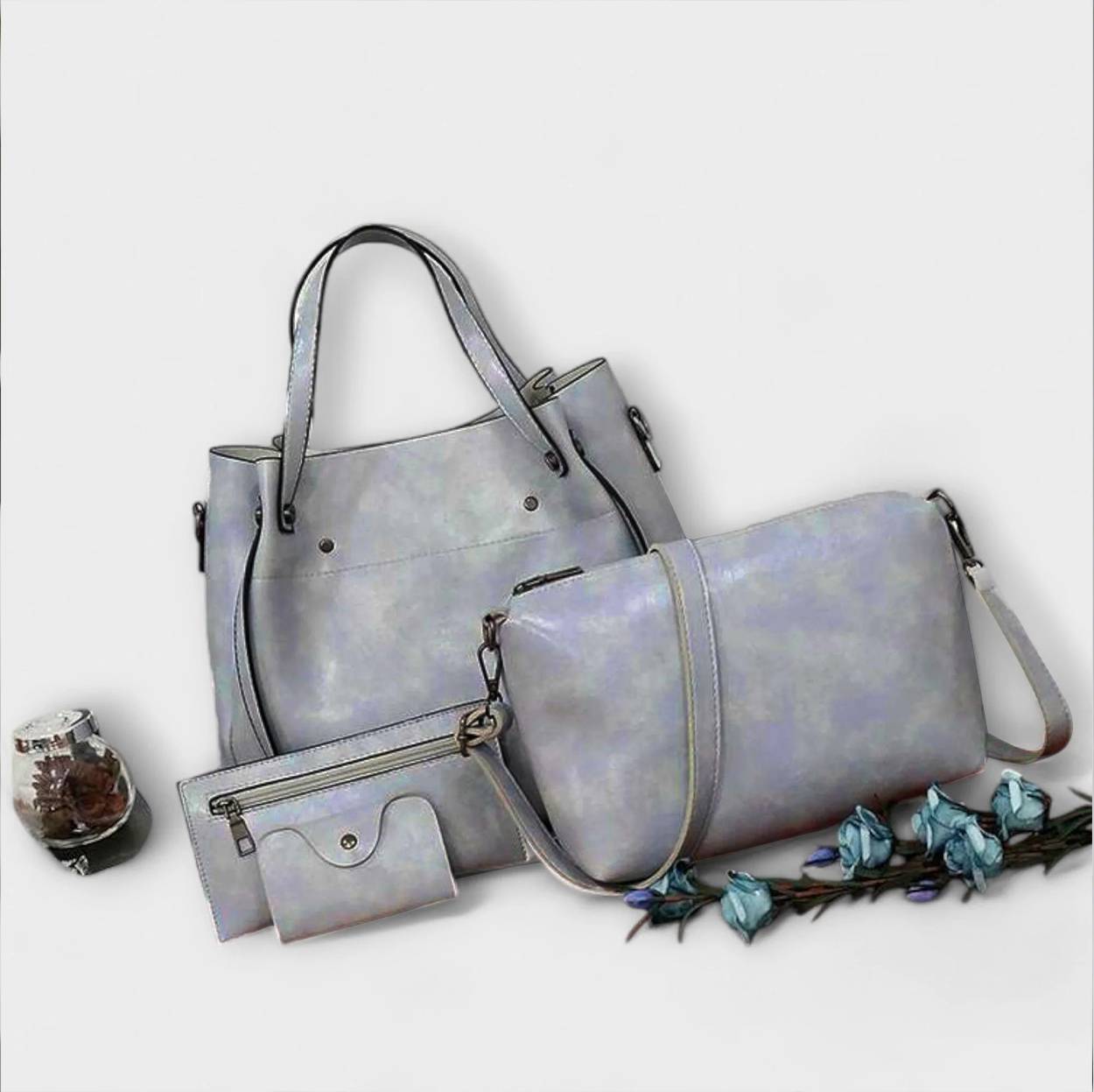 Bagvana | 4-delige vintage lederen tassen set – handtas, schoudertas, portemonnee en etui voor dames