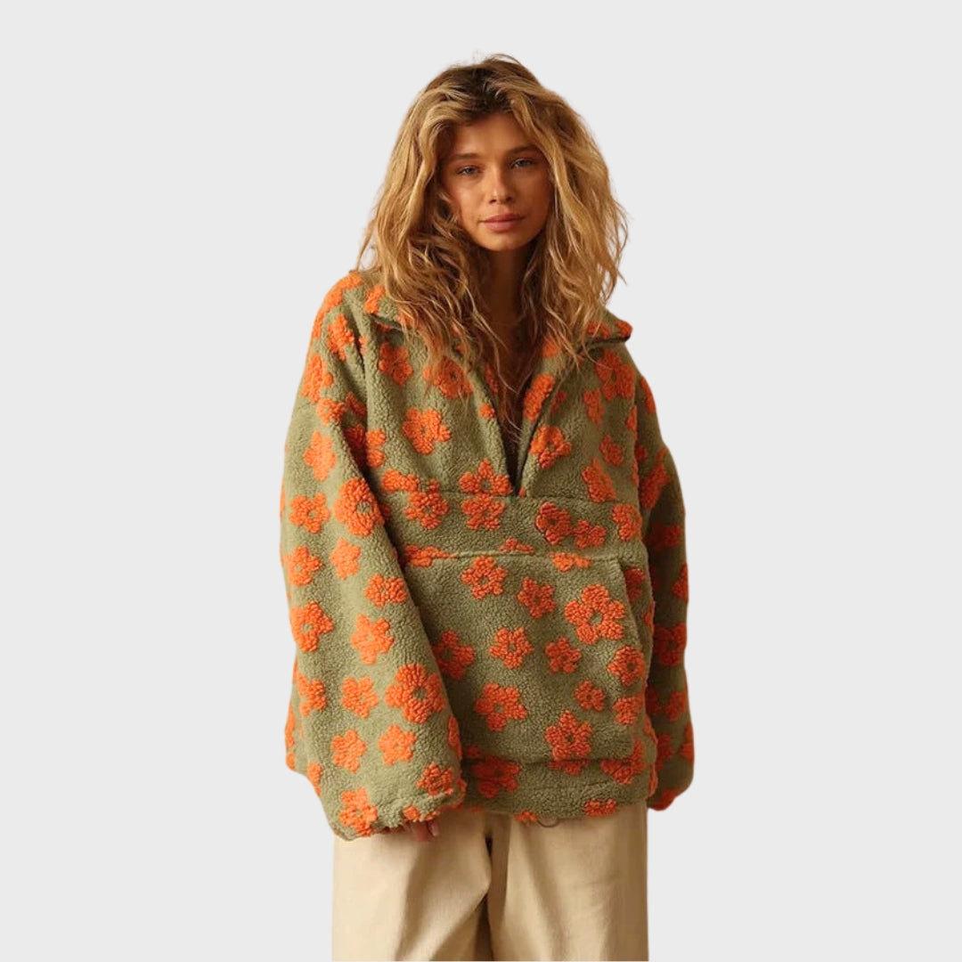 Matilda | Teddy fleece trui voor dames, bloemenprint, halve rits, comfortabele wintertrui