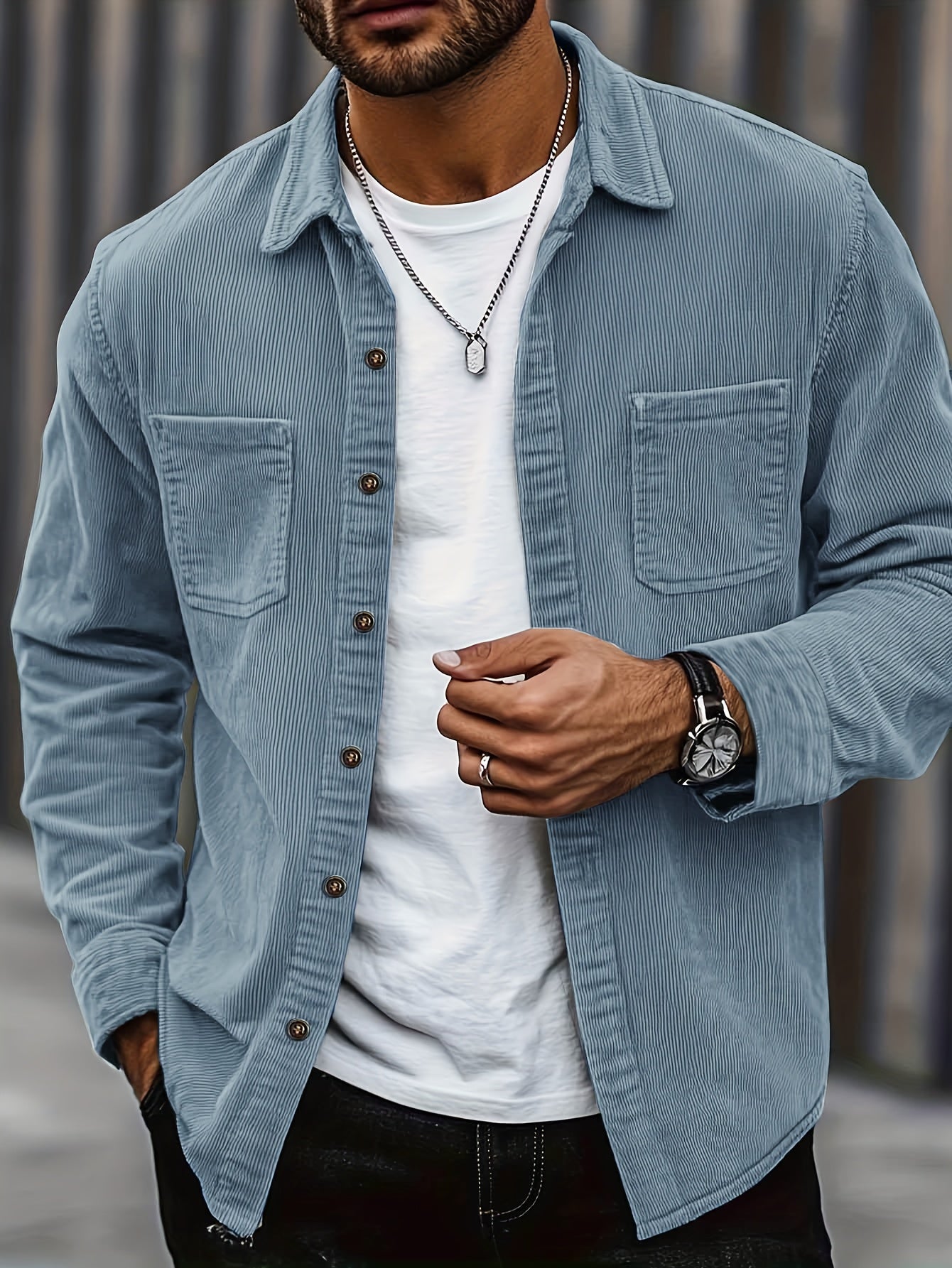 Niklaus | Corduroy overhemdjas voor heren – Casual overhemd met knopen, dubbele borstzakken