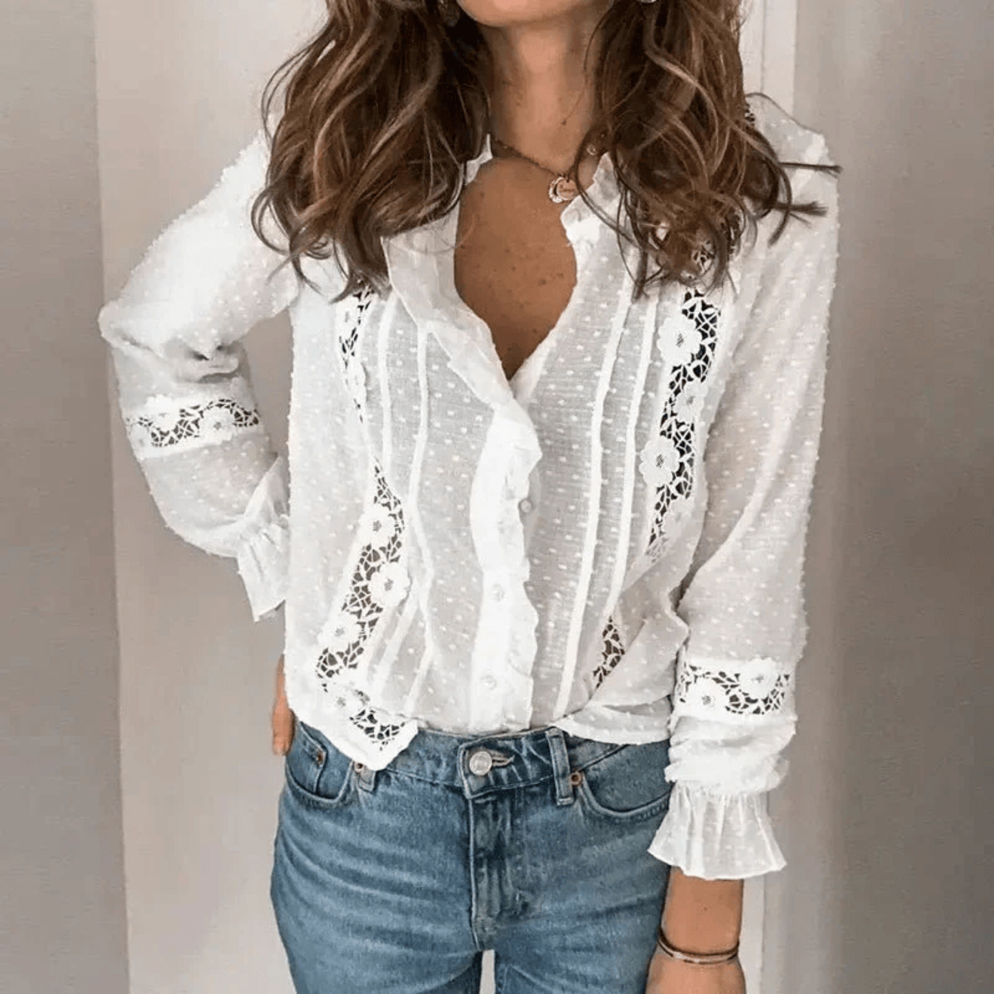Mirjeta | Geborduurde witte blouse met lange mouwen voor dames