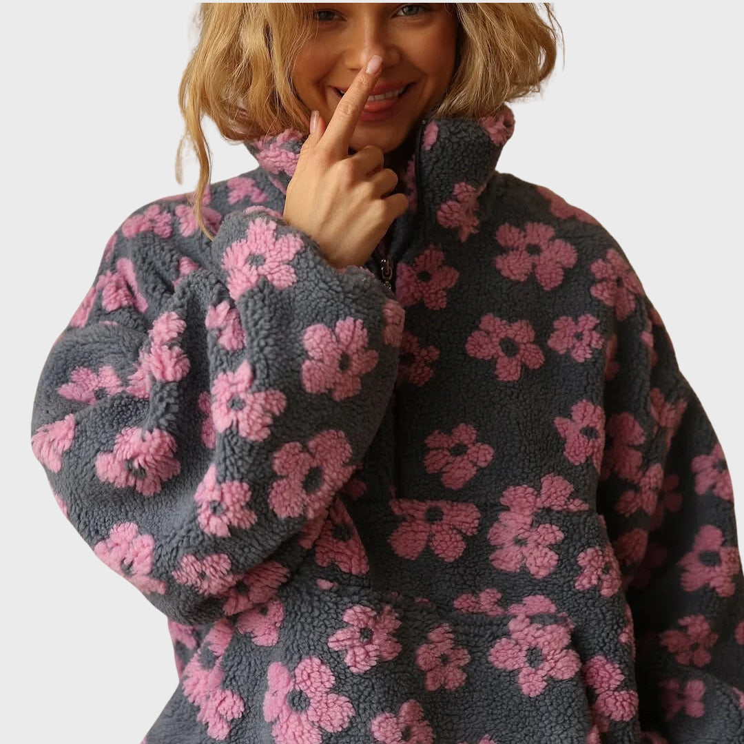 Matilda | Teddy fleece trui voor dames, bloemenprint, halve rits, comfortabele wintertrui