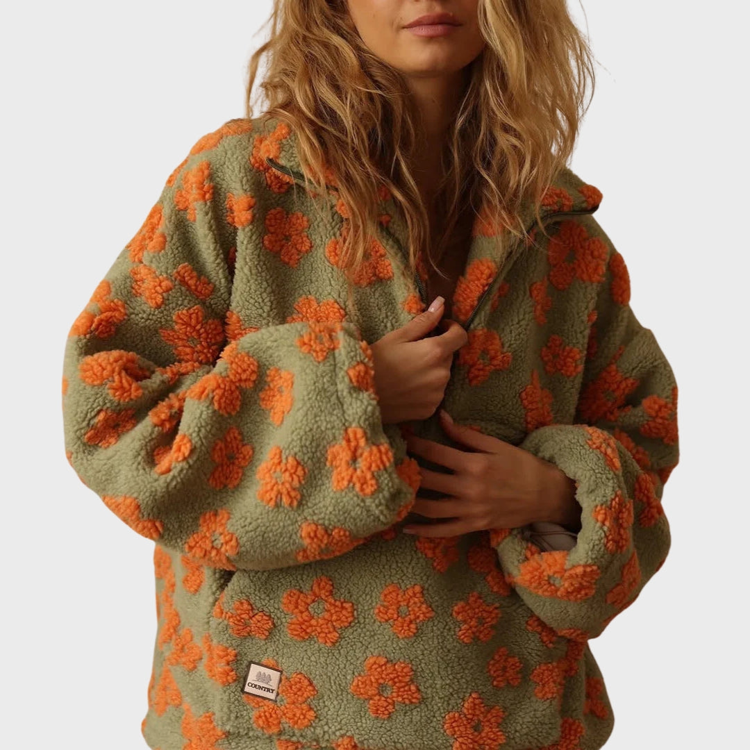 Matilda | Teddy fleece trui voor dames, bloemenprint, halve rits, comfortabele wintertrui