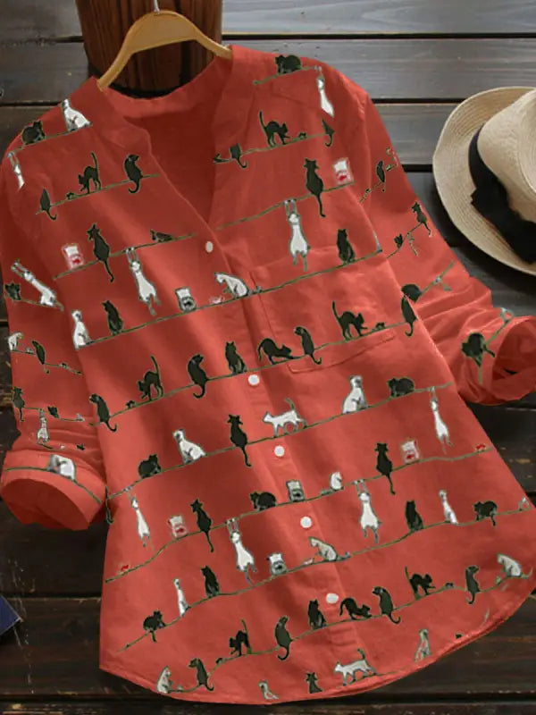 Faylin | Kat print lange mouwen Button-Up Blouse - Stijlvolle V-hals Overhemd voor dames