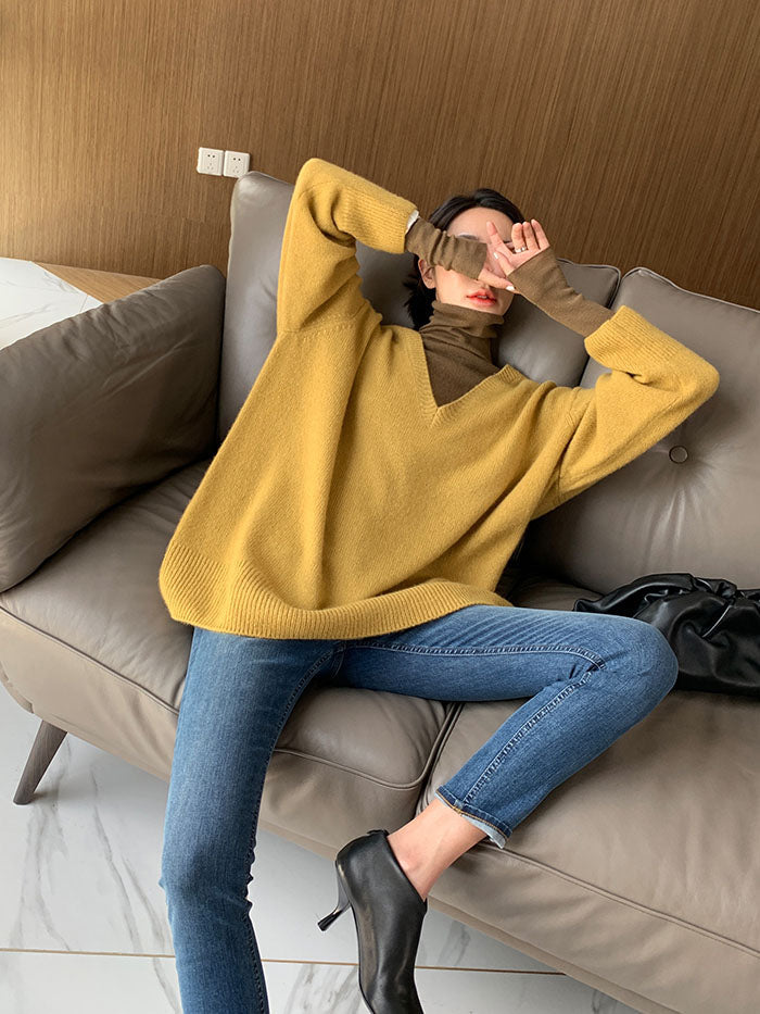 Inger | Klassieke gebreide V-hals trui voor dames – Losvallende pullover, warme kasjmiermix