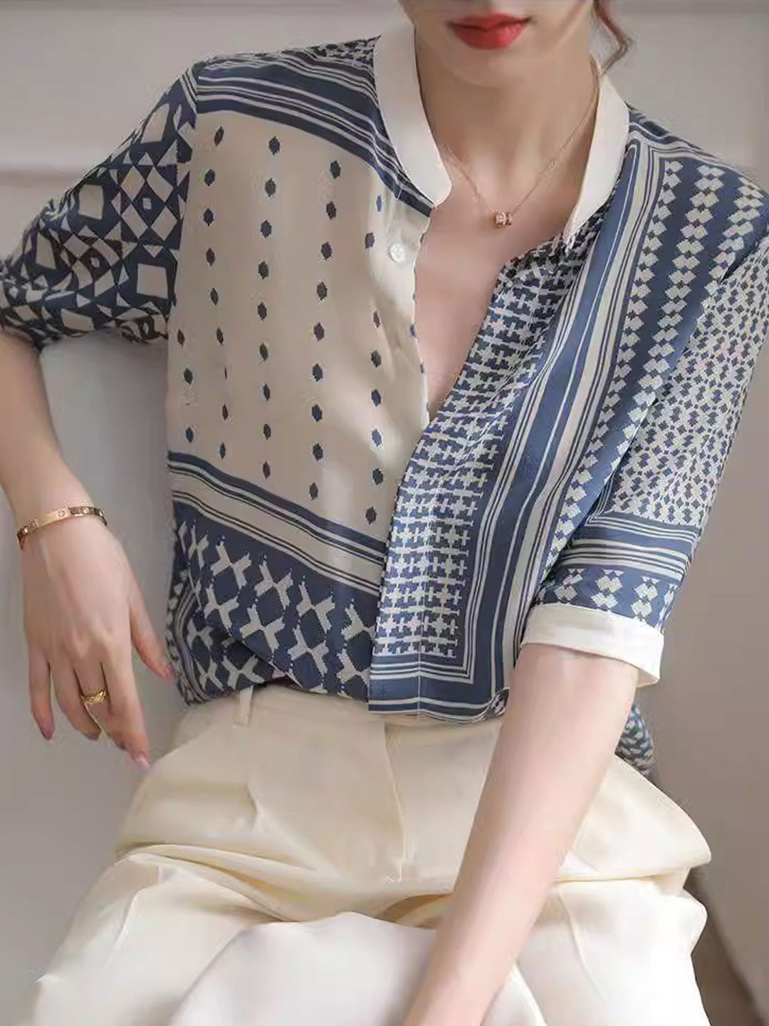 Zulema | Dameshemd met geometrische abstracte print - 3/4 mouwen, lichtgewicht blouse
