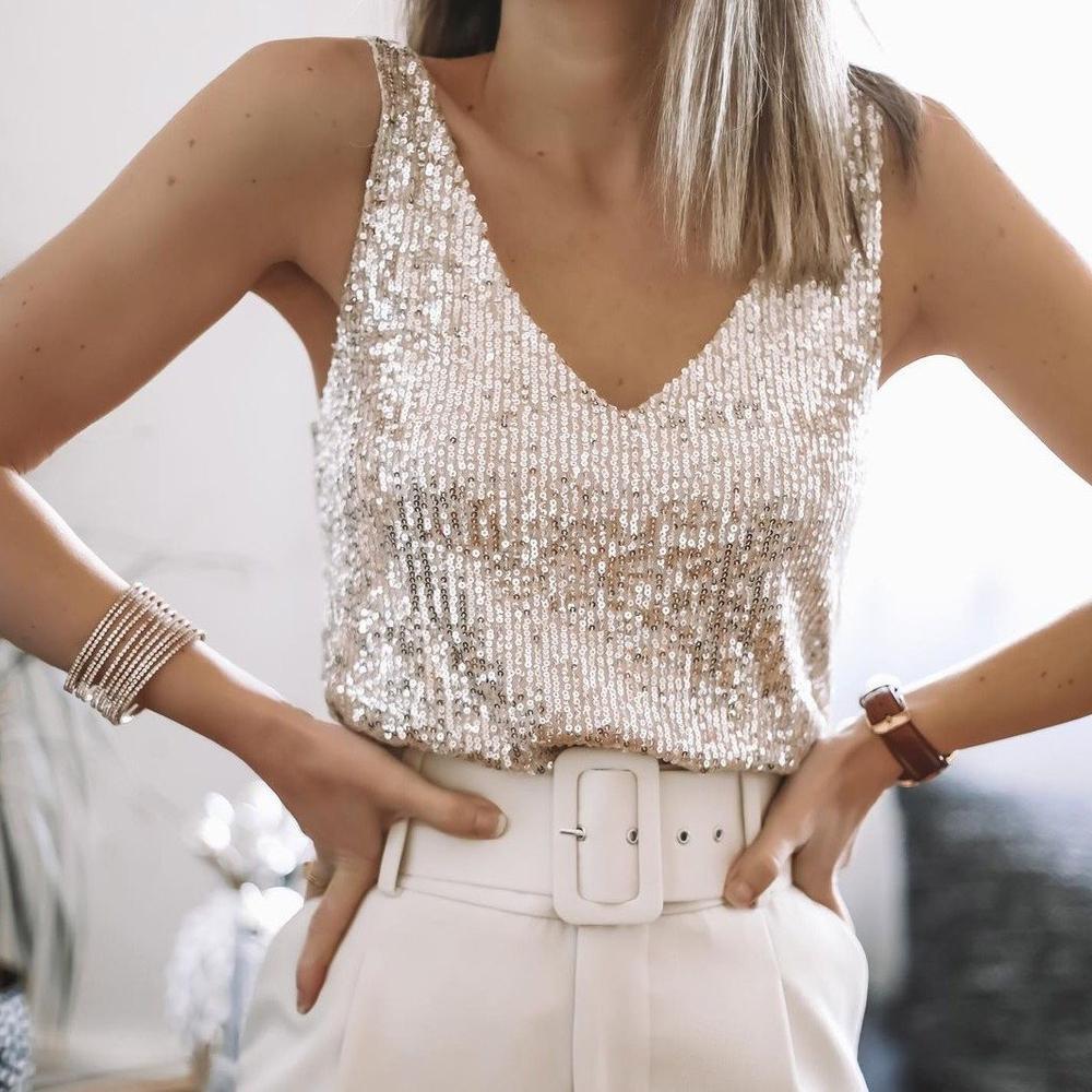 Jyselle | Mouwloze blouse met lovertjes - Diepe V-hals, elegante feesttop, glanzend glitter-Hemdje