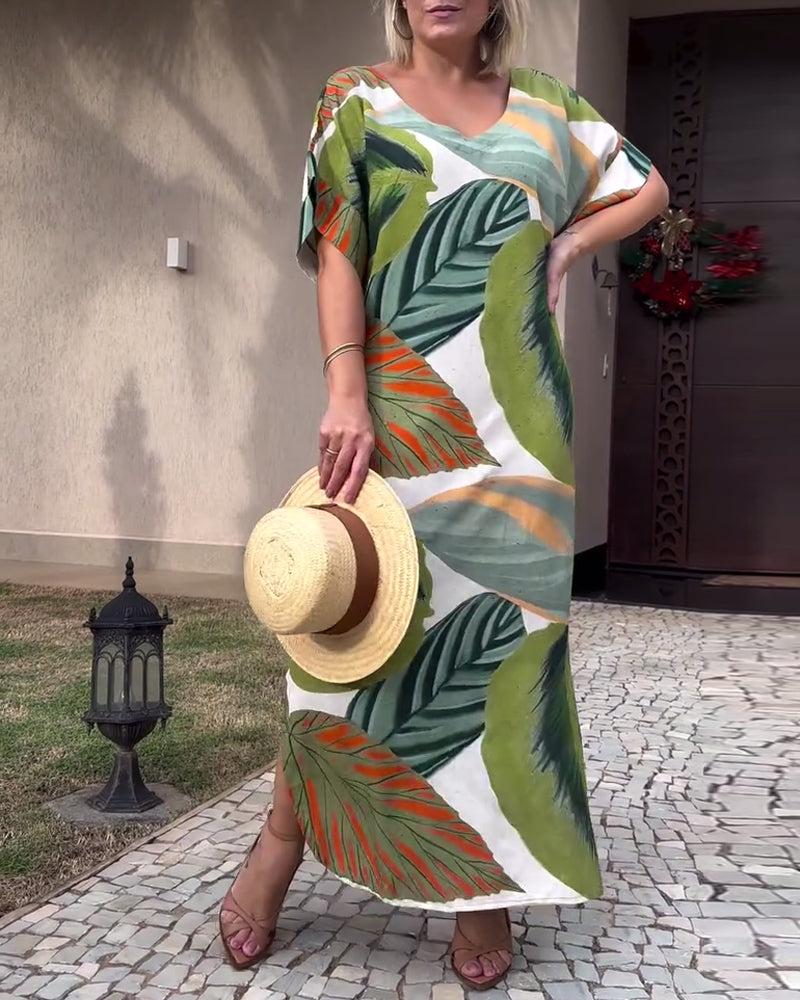 Ursa | Maxi jurk met botanische print - Casual korte mouwen, lichtgewicht zomerjurk