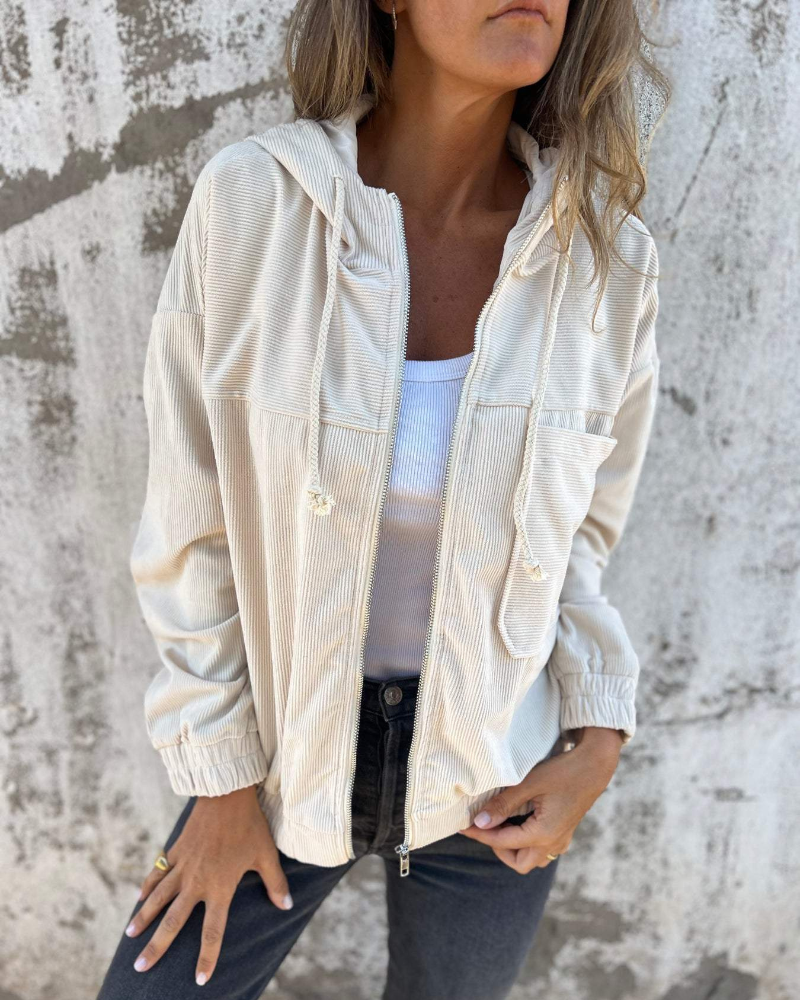 Wivina | Corduroy damesjas met capuchon en ritssluiting – Lichtgewicht herfstjas