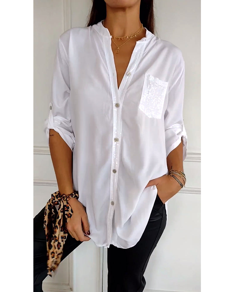 Stella | Elegante Pailletten Blouse - Casual Knoopsluiting Top met Verstelbare Manchetten