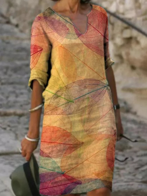 Selina | Kleurrijke linnen midi-jurk met bladprint - halve mouw, boho zomerstijl