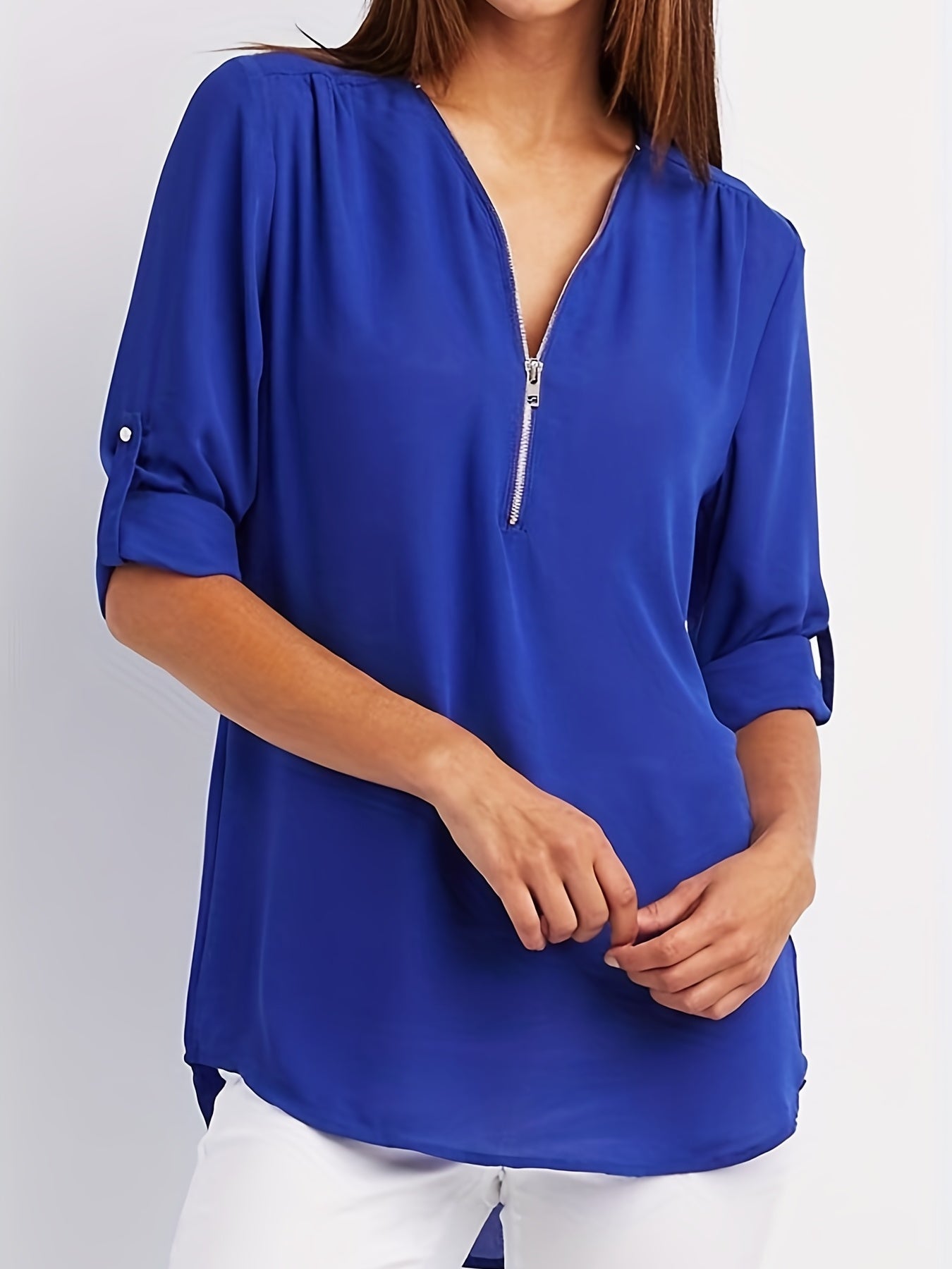 Veridiana | Damesblouse met V-hals en halve rits - Casual mouwen met gerimpelde mouwen, elegant en ademend